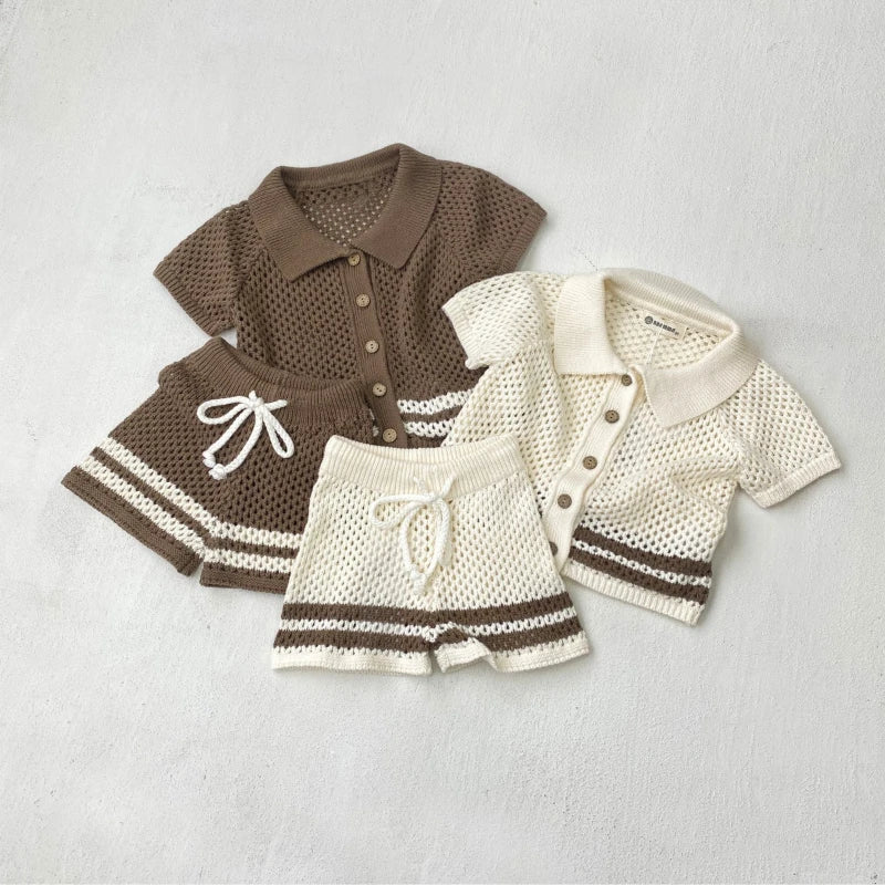 Summer Baby Clothes Hollow Out Turn-down Collar Knitted Sweater Cardigan Shorts Set Baby Sweater Two-piece Set Dgukym