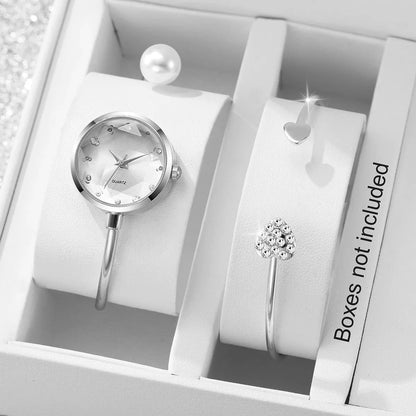 2pcs Exquisite Women Slim Bangle Watch Bracelet Set  Elegant Pearl Ladies Quartz Wristwatches Reloj Mujer（Without Box）
