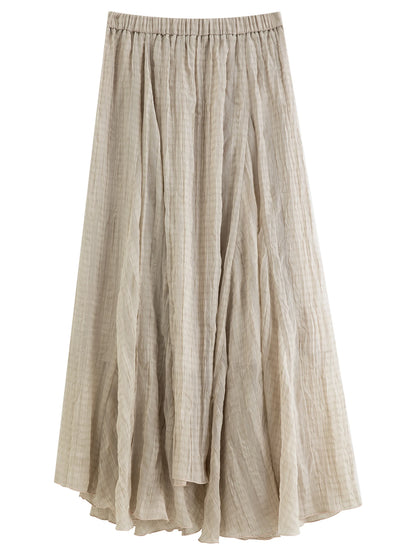 DUSHU Retro Nomadic Style Plaid Midi Skirt Women Irregular Design New Autumn 2026 Elastic Waist Casual Midi Skirt Khaki