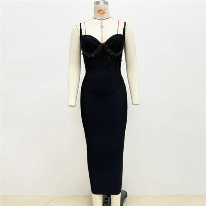 Women Sexy Beading Spaghetti Strap Bandage Dress Bodycon Clothes Club Party Celebrity Elegant Dresses