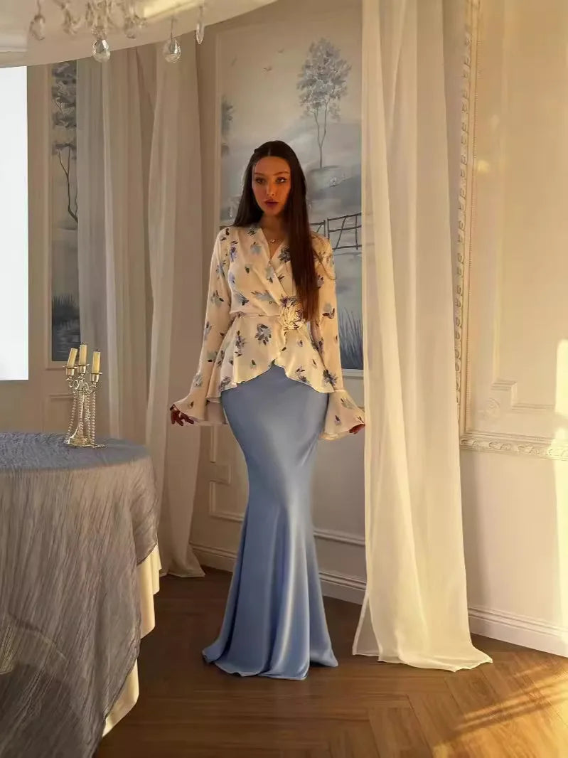 Women 2 Piece Set Muslim Blouse Skirt Flower Print Top Morocco Dubai Islam Outfits 2025 Arabic Elegant Ensemble Long Skirts Suit