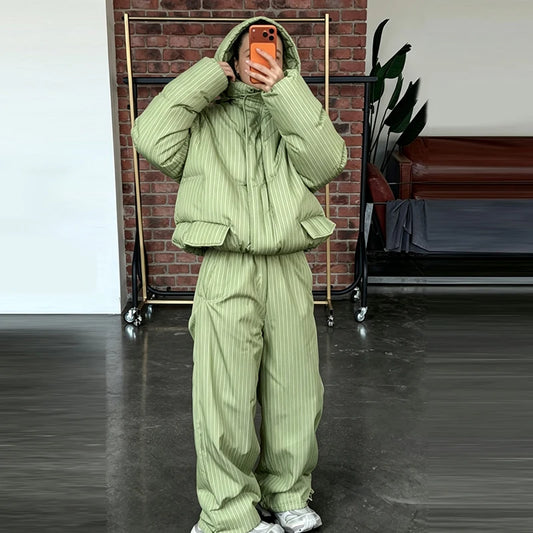 2026 Winter Warm Women's Down Coat Matching Set Stripes Pockets Hooded Jacket Wide Leg Pants Two Piece Set Casual Lady Outfits