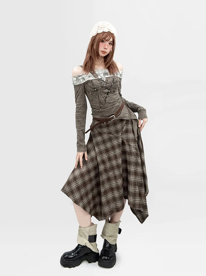 REDDACHiC Off Shoulder T-shirt Skirt Women Set Long Sleeve Top Irregular Ruffle Belted Midi Long Plaid Skirt Alt Vintage Clothes