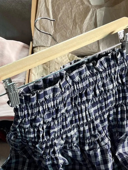 Blue Plaid Vintage Midi Skirt Women Summer New Elastic Waist Loose A-line Faldas Bottom Preppy Style Sweet Casual Long Skirts
