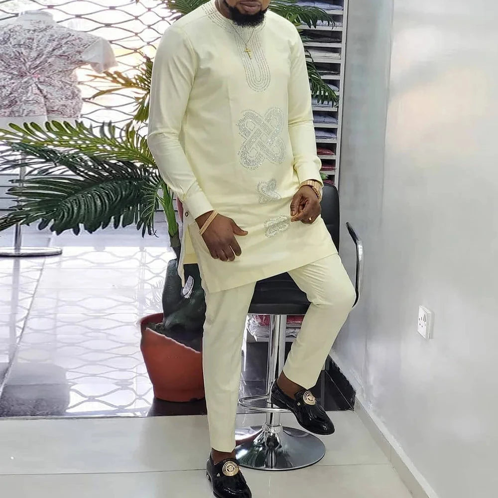 2025 African Men Dashiki Long Sleeve 2 Piece Set Traditional Outfit Africa Clothing White Men's Suit Male Shirt Pants Suits