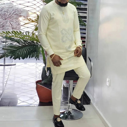 2025 African Men Dashiki Long Sleeve 2 Piece Set Traditional Outfit Africa Clothing White Men's Suit Male Shirt Pants Suits
