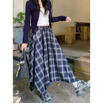 Fashionable Retro Plaid Asymmetrical High Waist Midi Skirt Women's Autumn Winter New Belted Full A-Line Skirt Long Skirt