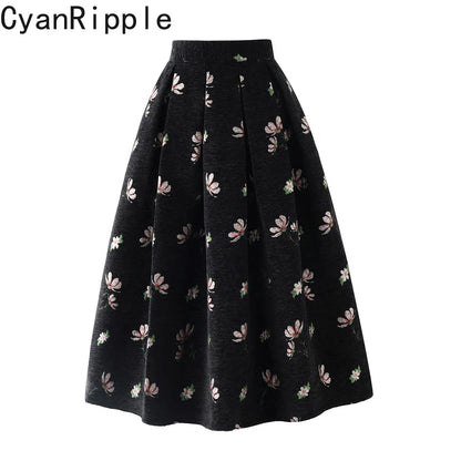 High Quality Autumn Winter Chenille Embroidery Mid-long Puffy Skirt Elegant Vintage Elastic Waist Casual A-line Umbrella Skirts