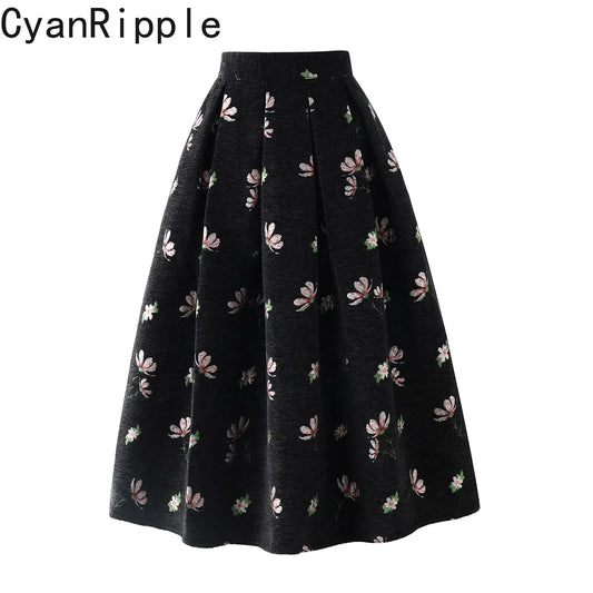 High Quality Autumn Winter Chenille Embroidery Mid-long Puffy Skirt Elegant Vintage Elastic Waist Casual A-line Umbrella Skirts