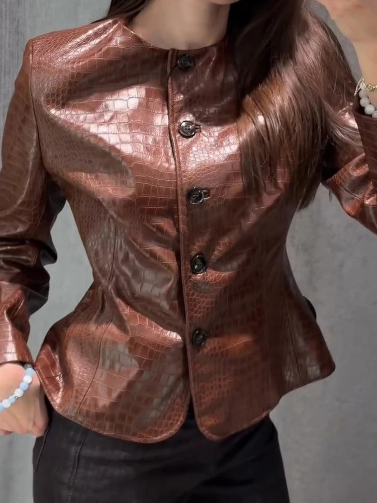 Casual Women's Pu Leather Jacket Slim Single Breasted O-neck Lady Solid Coats 2026 Autumn Fashion Female Street Outerwear