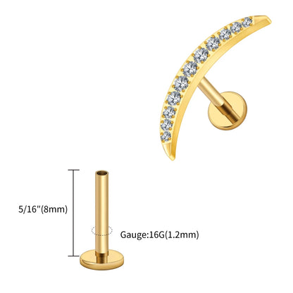 Right Grand ASTM F136 Titanium Long Crescent Moon Labret with CZ 16G Screw Back Climber Earring Helix Cartilage Tragus Piercing
