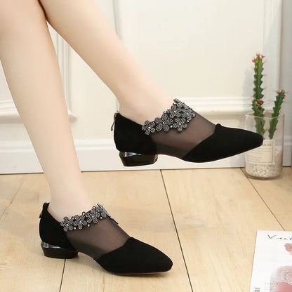 andals for Women 2025 Fashion Rhinestone Women Flowers Low Heel Sandals Women Mesh Plus Size Sandals Sandalias Mujer
