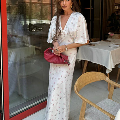 Organza Floral Printed Maxi Dress Women V Neck High Split Puff Sleeve Waist Cinching Ruffle Long Dresses Vacation Summer Outfits