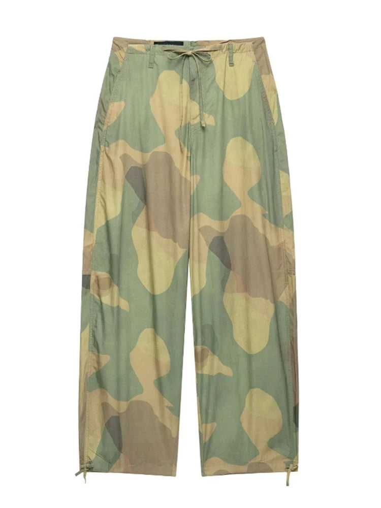 Camo Print Drawstring Waist Women Pants Wide Leg Loose Cut Drawstring Hem Relaxed Fit Casual Trouser Streetwear 2026 New Fashion