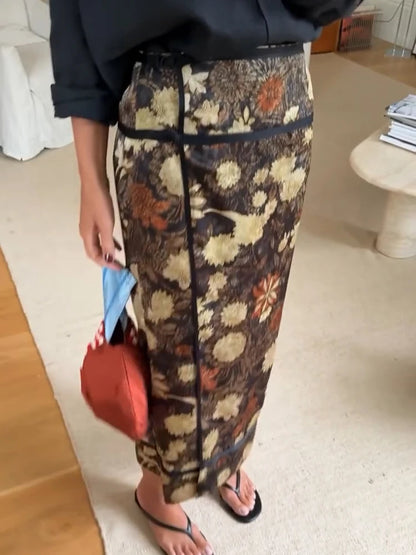 Retro Floral Print Midi Skirt For Women High Waist Wrap Side Button Straight A‑Line Casual Long Skirt Autumn Daily Bottoms 2026