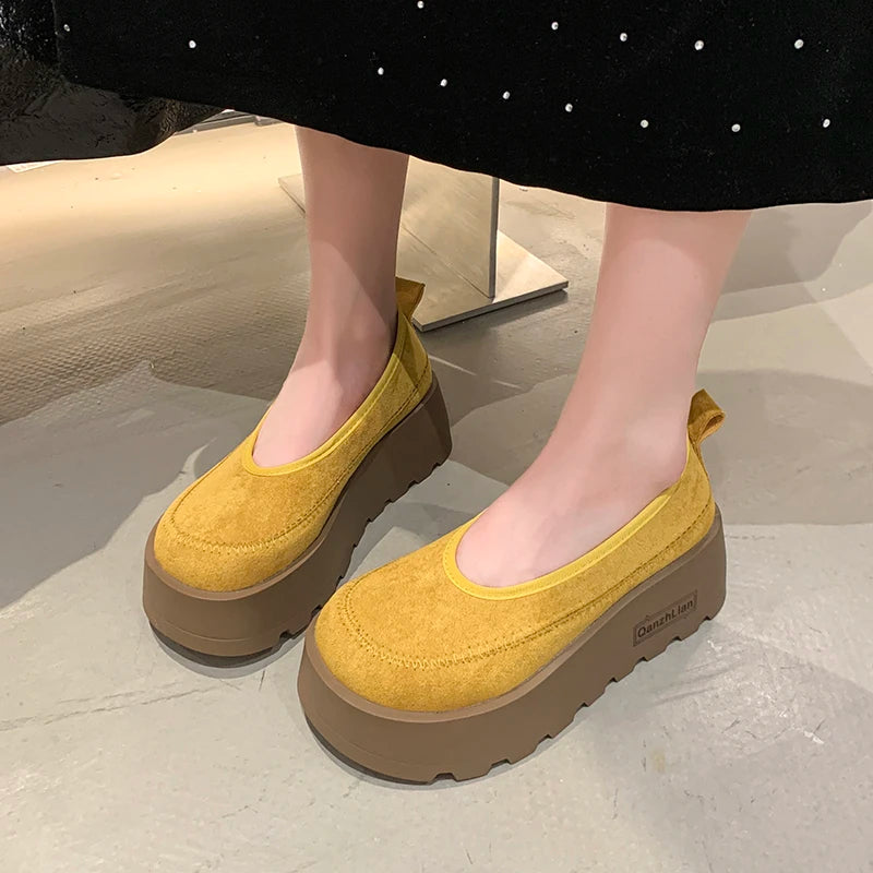 Aphixta 2025 New Suede Platform Shallow Woman Shoes Yellow Loafers Spring Woman Fashion Shoes Concise Chunky Heel Shoes Woman