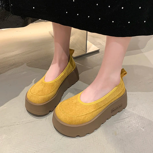 Aphixta 2025 New Suede Platform Shallow Woman Shoes Yellow Loafers Spring Woman Fashion Shoes Concise Chunky Heel Shoes Woman