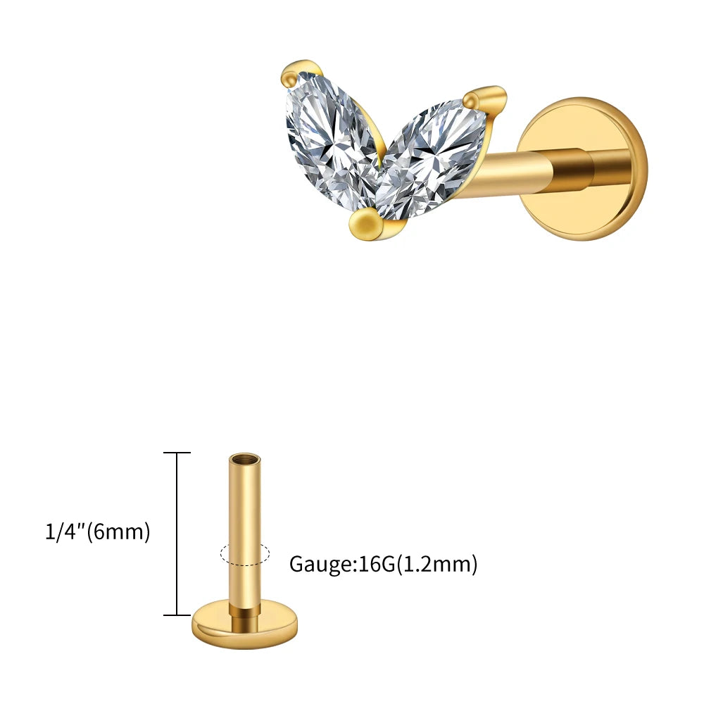 Right Grand ASTM F136 Titanium Tiny Double Marquise CZ Labret Stud Earring 16G Heart CZ Cartilage Helix Tragus Conch Piercing