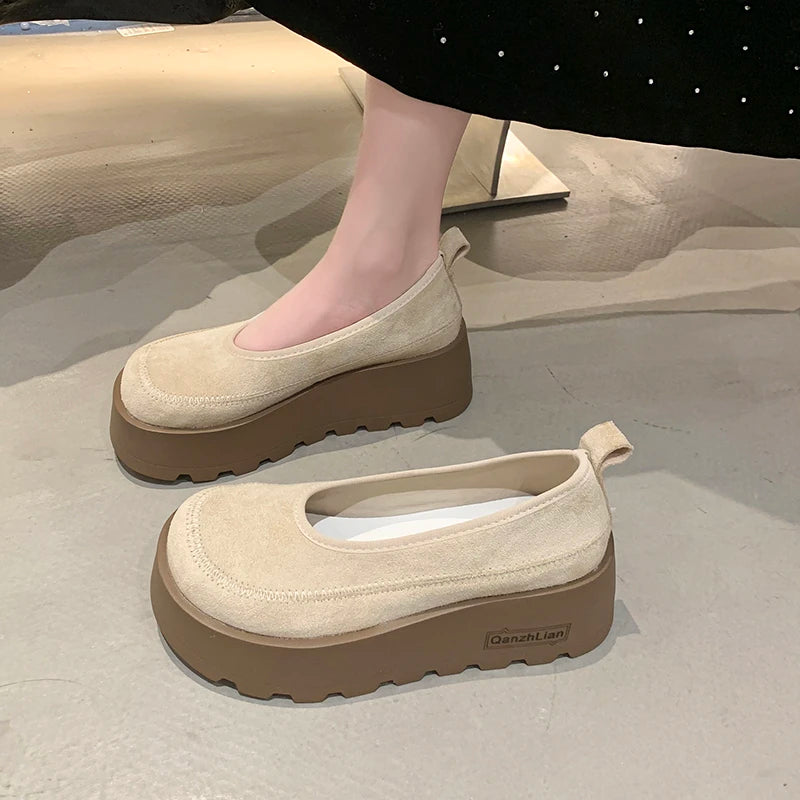 Aphixta 2025 New Suede Platform Shallow Woman Shoes Yellow Loafers Spring Woman Fashion Shoes Concise Chunky Heel Shoes Woman
