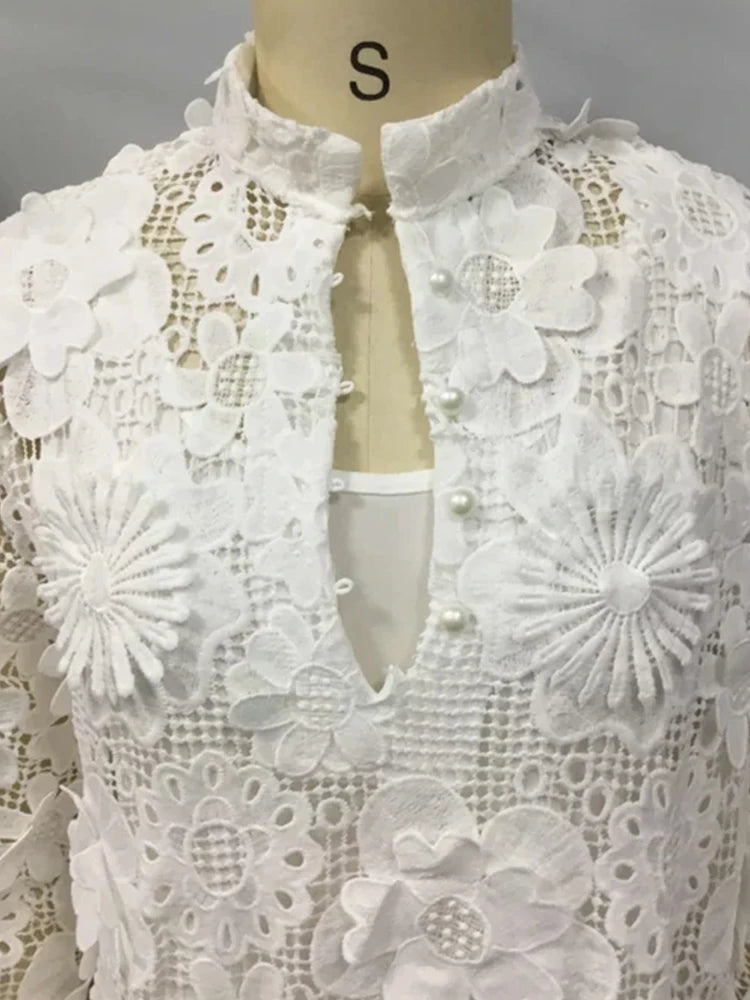 White 3D Floral Lace Maxi Dress Stand Collar Half Zip Long Flare Sleeve Sheer Mesh Dress Women Hollow Out Cover Up Casual Dress