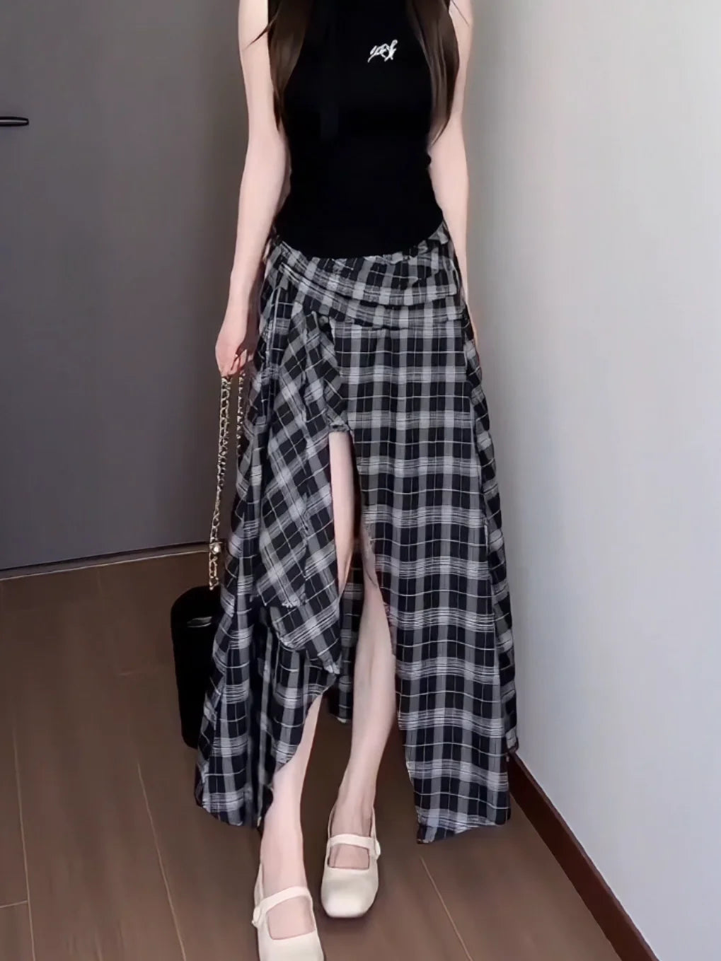 High Waist Asymmetric Plaid Skirt for Women Summer Breathable Comfortable A-Line Midi Skirt Slimming Design Split Front
