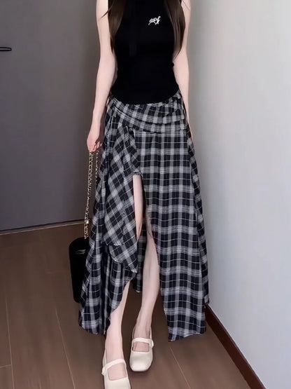 High Waist Asymmetric Plaid Skirt for Women Summer Breathable Comfortable A-Line Midi Skirt Slimming Design Split Front