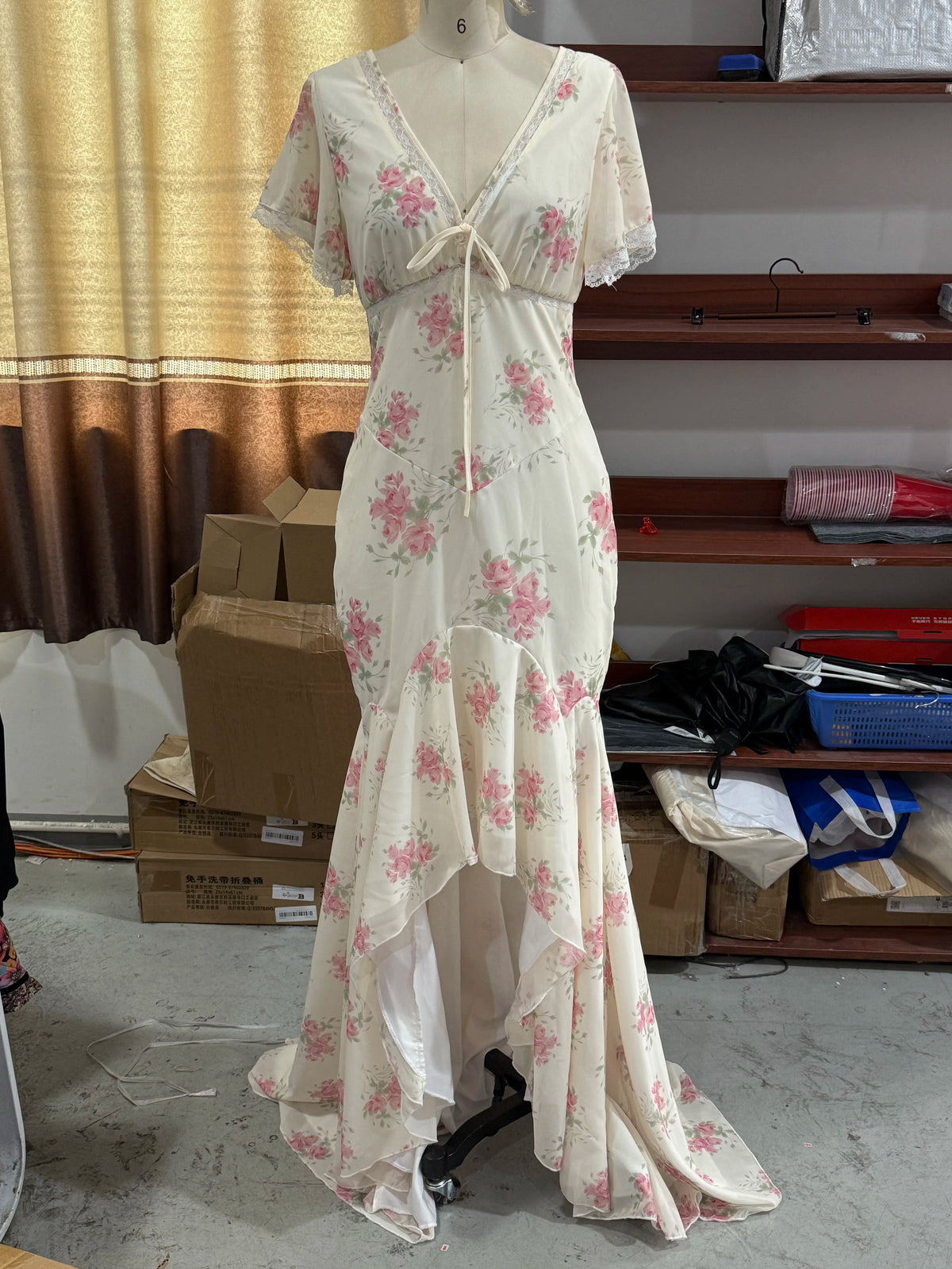 Organza Floral Printed Maxi Dress Women V Neck High Split Puff Sleeve Waist Cinching Ruffle Long Dresses Vacation Summer Outfits
