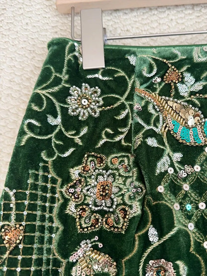 Designer Fashion Winter Women Casual Long Beading Embroidery Sequined Skirt High Waist Vintage Elegant Lady Floor Length Skirts