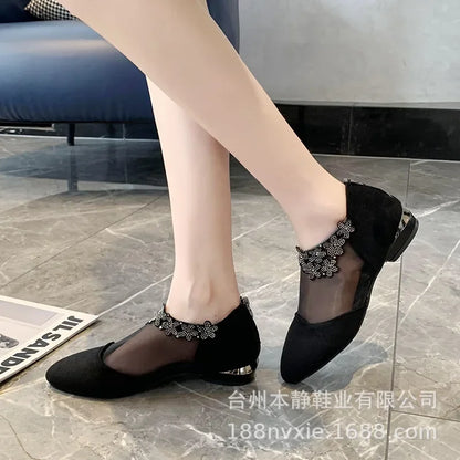 andals for Women 2025 Fashion Rhinestone Women Flowers Low Heel Sandals Women Mesh Plus Size Sandals Sandalias Mujer