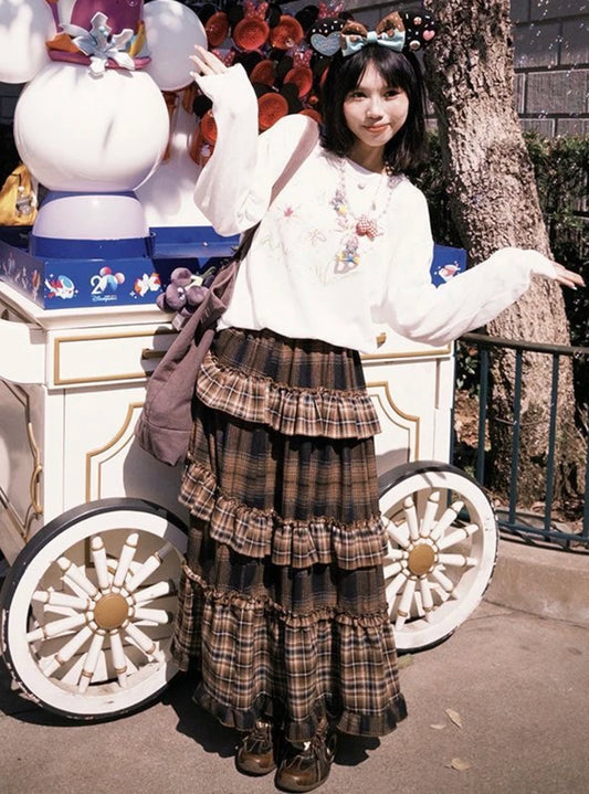 Women's Patchwork Plaid Ruffle-Tier Long Skirt