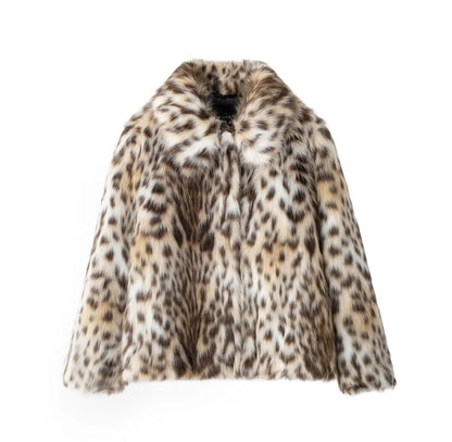 Leopard Print Warm Faux Fur Coat Women Fashion Keep Warm Lapel Collar Long Sleeves Thick Fur Coats Winter New Female Streetwear
