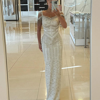 Charming Heavy Work Evening Dresses Satin Sheath/Column Valentine's Day Dress Ivory V-neck Beads Tassel Birthday Party Dresses