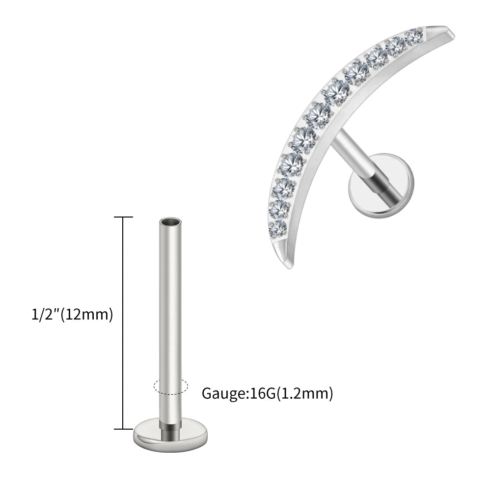 Right Grand ASTM F136 Titanium Long Crescent Moon Labret with CZ 16G Screw Back Climber Earring Helix Cartilage Tragus Piercing