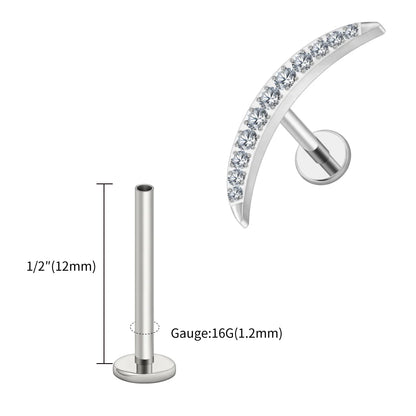 Right Grand ASTM F136 Titanium Long Crescent Moon Labret with CZ 16G Screw Back Climber Earring Helix Cartilage Tragus Piercing