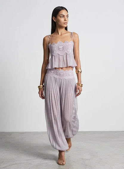 Women Pant Set Sheer Layers Spaghetti Strap Backless Lace Top Straps Solid Loose Straight Elastic Hem Fashion Beach Chic Suits