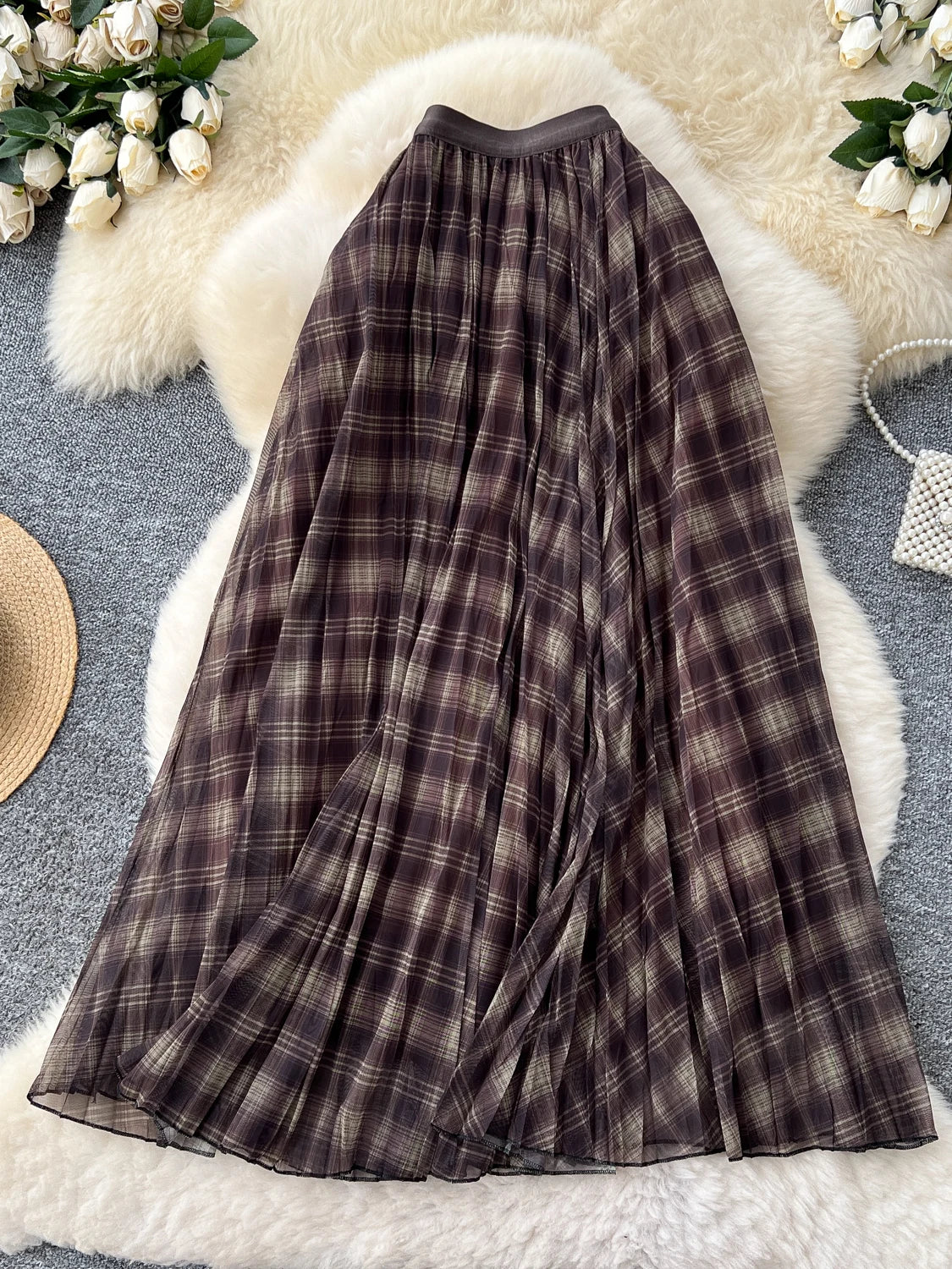 High Waist A-Line Midi Skirt Women's Plaid Elastic Waist Slimming Skirts Commute Korean Style Standard Fit Polyester Fiber