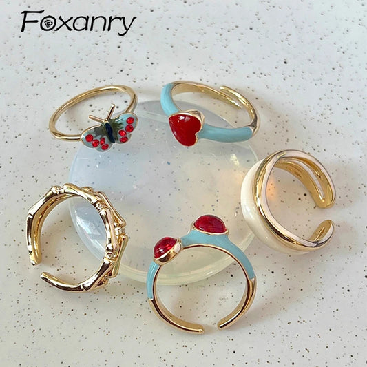 Foxanry Silver Color Multicolor Drop Glaze Ring For Women Girl Vintage Elegant Sweet Love Heart Butterfly Geometric Jewelry Gift