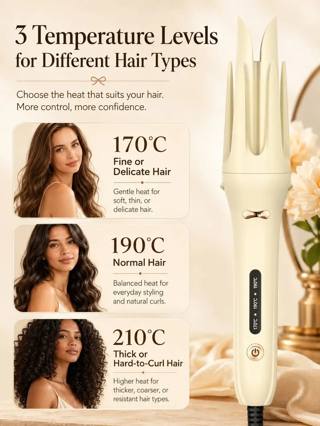 Genai Automatic Curling Iron, Anti-Scald Automatic Hair Curler with 3 Temperature Settings, Fast Heat Up Hair Styling Tool, Portable Curling Wand for Creating Quick Curls & Waves, Home Salon Hair Styling Appliance for Women
