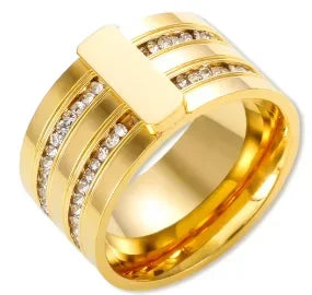 Crystal High End Non Tarnish Fashion Geometric Open Gold Plated Stainless Steel Rings for Women Wedding Ring Jewelry
