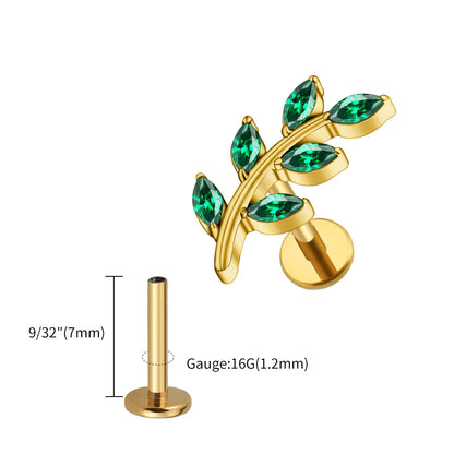 Right Grand ASTM F136 Titanium 16G Marquise CZ Leaves Stud Earring Leaf Shaped Helix Cartilage Conch Flat Back Piercing Jewelry