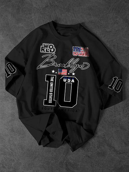 Men's & Women's USA Brooklyn 10 Varsity Graphic T-Shirt American Flag Print Y2K Streetwear Oversized Crew Neck Tee
