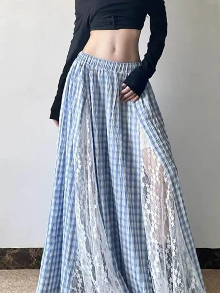 Elegant Blue Plaid Lace Patchwork High Waist Midi Skirt Slimming Unique Design Korean Style Casual Commute Long Skirt
