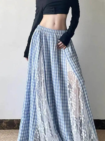 Elegant Blue Plaid Lace Patchwork High Waist Midi Skirt Slimming Unique Design Korean Style Casual Commute Long Skirt