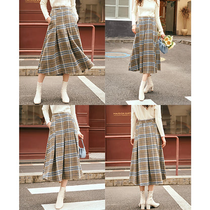OLrain Women's Plaid Pleated Skirts Autumn 2026 French Style A-line Vintage Spliced Wool Blend High-waist Midi Skirt O23DB89110