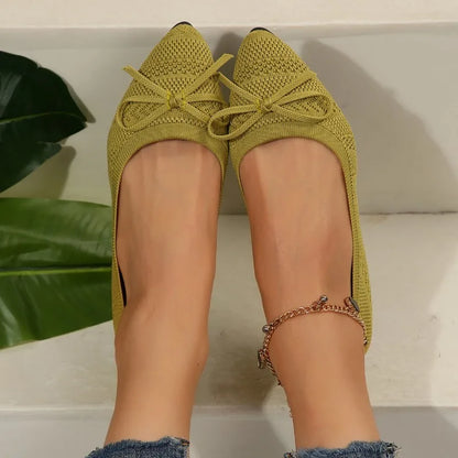 Pointed Bow Flying Flat Shoes Women's 2025 New Summer Casual Bean Shoes Knitted Soft Sole Knitted Women's Shoes Large Size 43