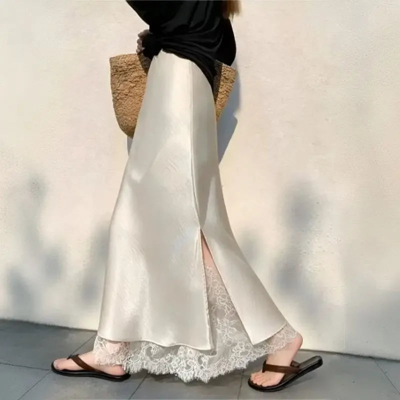 FOTVOTEE Elegant Satin Fish Tail Half Skirt High Waist Lace Splice Side Slit Draping Long Women's Skirt Slimming Party Midi Skin