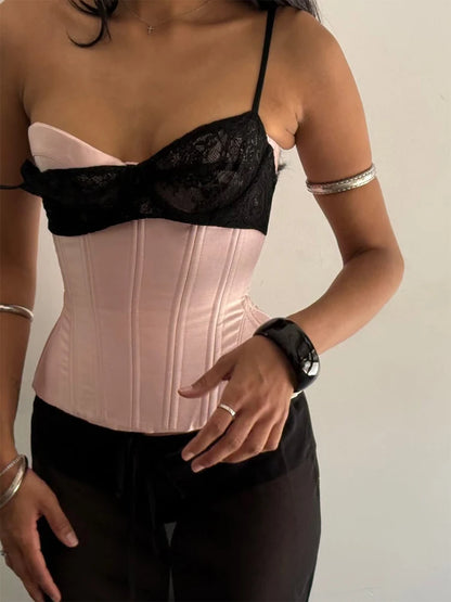 Women Lace Satin Sexy Corset Spaghetti Strap Bustier Sheer Mesh Patchwork Sling Vest Elegant Evening Party Date Outfit 2026