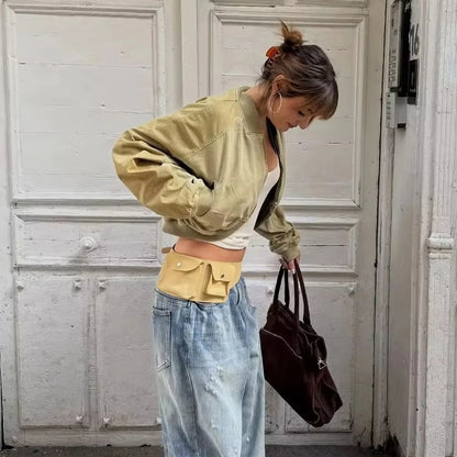 MUJER Varsity Bomber Jackets for Women Zipper Cropped Jacket Woman Outerwears Casual Womens Coats Long Sleeve Women's Jackets