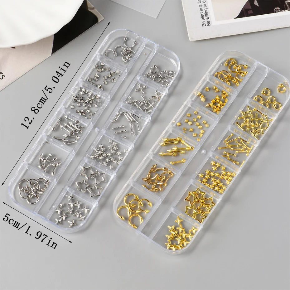 12 Grids Punk Silvery Golden Rivets Style Nail Charms Y2K Metal Golden Pierced Rivets Solid Nail Art Decoration Nail Accessories