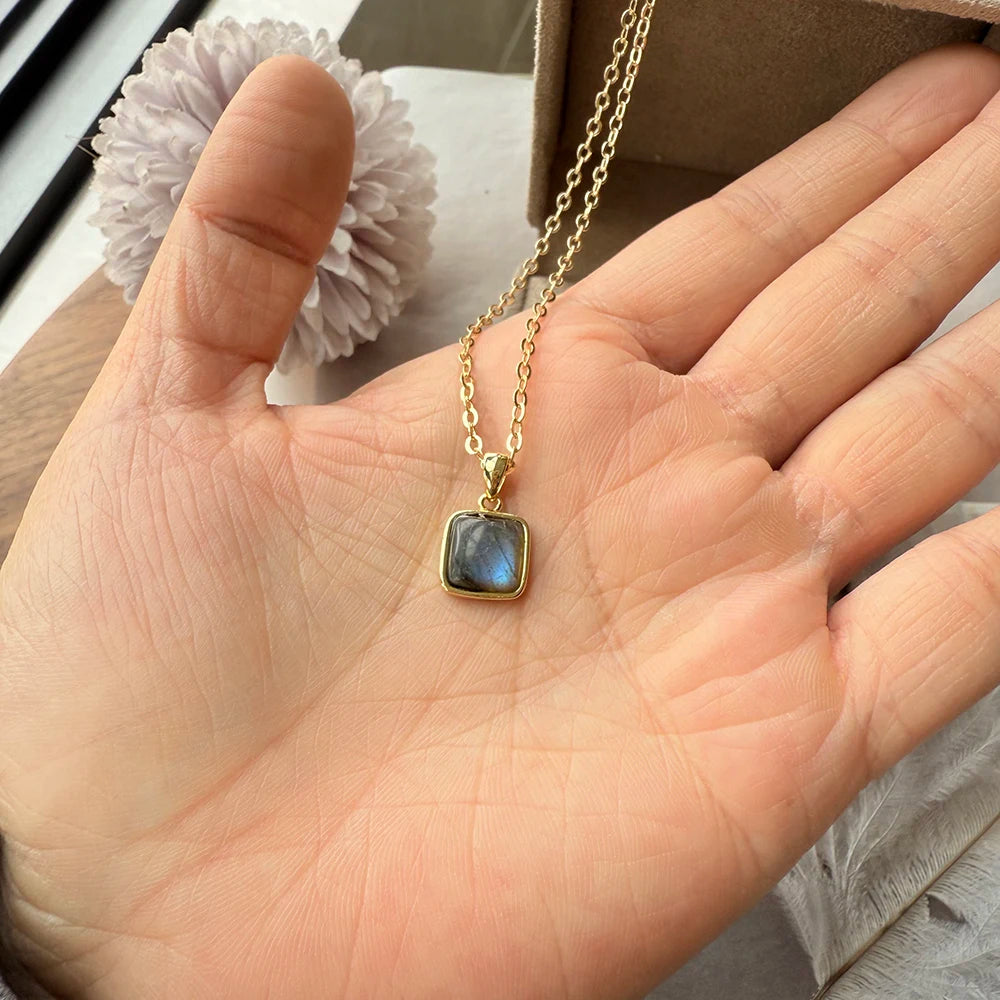 ITSMOS Natural Labradorite Square Pendant Necklace Simple Cube Stone 14k Gold Plated Chain Elegant Jewelry for Women Romatic